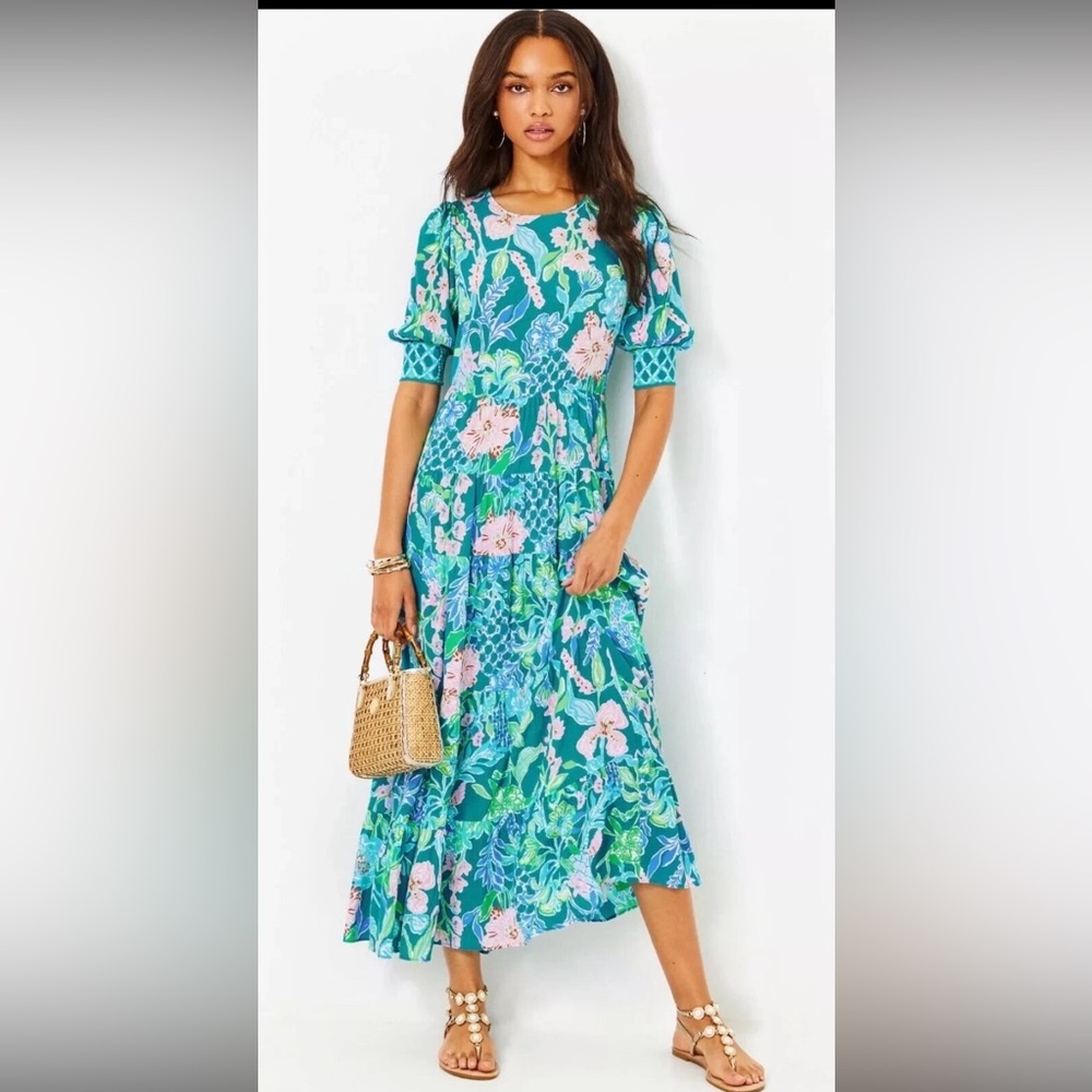 Lilly Pulitzer Teal and Pink Floral Midi Dress